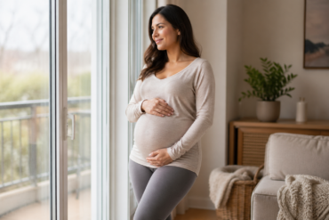 Pregnant woman wearing comfortable maternity leggings while relaxing at home