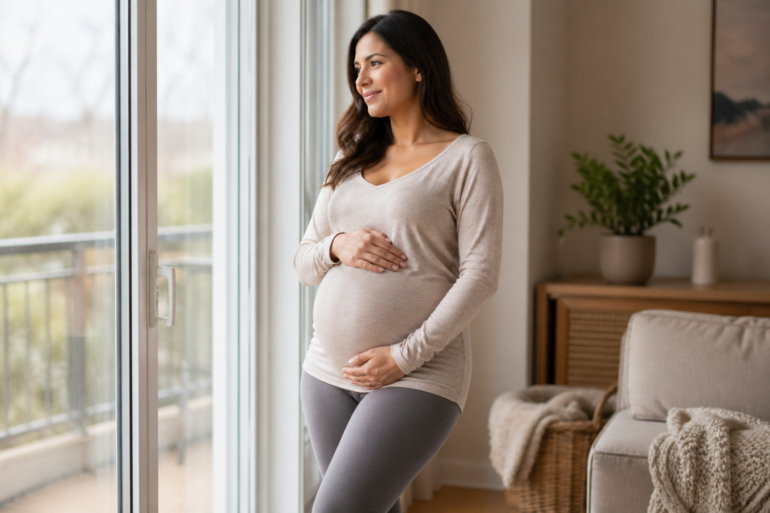 Pregnant woman wearing comfortable maternity leggings while relaxing at home