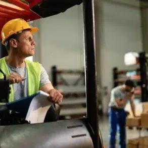 Man in a forklift wearing a yellow hard hat and safety vest, holding a pen and clipboard, looks focused in a warehouse. Workers in background handle boxes.