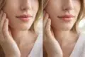 A side-by-side comparison of a lip flip before and after showing a natural pout and enhanced upper lip visibility during a smile.