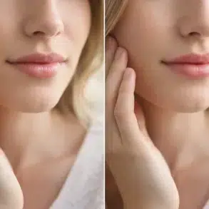 A side-by-side comparison of a lip flip before and after showing a natural pout and enhanced upper lip visibility during a smile.