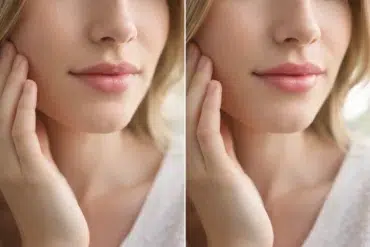 A side-by-side comparison of a lip flip before and after showing a natural pout and enhanced upper lip visibility during a smile.