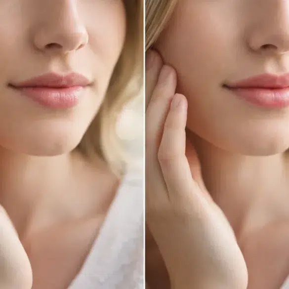 A side-by-side comparison of a lip flip before and after showing a natural pout and enhanced upper lip visibility during a smile.