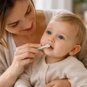 A parent gently brushing the teeth of a lip tie baby using a silicone finger brush to avoid discomfort.