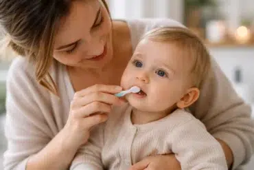 A parent gently brushing the teeth of a lip tie baby using a silicone finger brush to avoid discomfort.