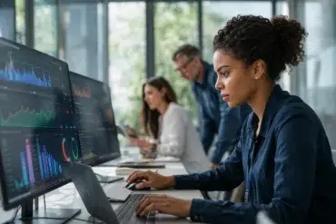 A professional dashboard showing real-time IT infrastructure metrics and logging live data streams for system monitoring.