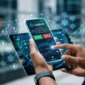 A conceptual digital interface showing the Logium protocol executing a decentralized binary options trade on a blockchain network.