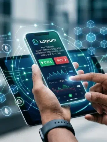 A conceptual digital interface showing the Logium protocol executing a decentralized binary options trade on a blockchain network.