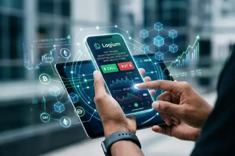 A conceptual digital interface showing the Logium protocol executing a decentralized binary options trade on a blockchain network.