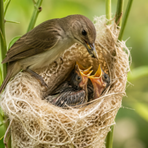 Lufanest for birds with a mother bird feeding and warming her babies in a soft natural nest