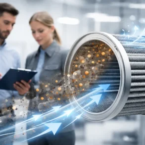 Two engineers stand in a bright industrial setting beside a large cutaway MET filter, as airflow arrows pass through layered filter media and visible particles are trapped, illustrating how the filter cleans contaminated air.