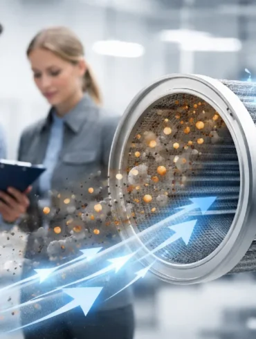 Two engineers stand in a bright industrial setting beside a large cutaway MET filter, as airflow arrows pass through layered filter media and visible particles are trapped, illustrating how the filter cleans contaminated air.