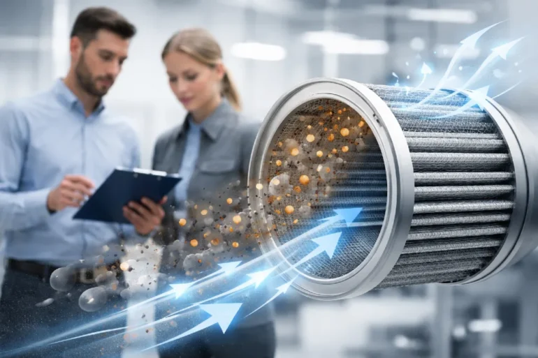 Two engineers stand in a bright industrial setting beside a large cutaway MET filter, as airflow arrows pass through layered filter media and visible particles are trapped, illustrating how the filter cleans contaminated air.