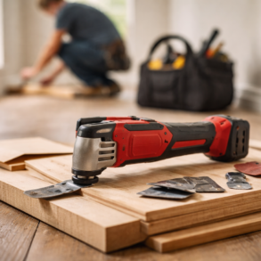 Milwaukee Multi Tool cutting trim in a home renovation workspace