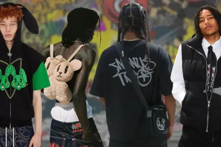 Streetwear fashion scene with four diverse models in edgy outfits. Features bunny ear hood, teddy bear backpack, and graffiti backdrop, conveying urban style.