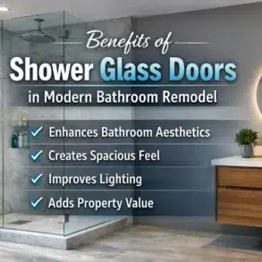 Modern bathroom with glass shower doors highlighting benefits: enhances aesthetics, spacious feel, lighting, and property value.