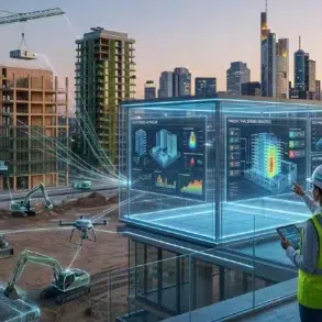 A futuristic construction site with digital screens hovering over the area. Workers in safety gear use tablets to interact with data holograms. Skyscrapers in the background.