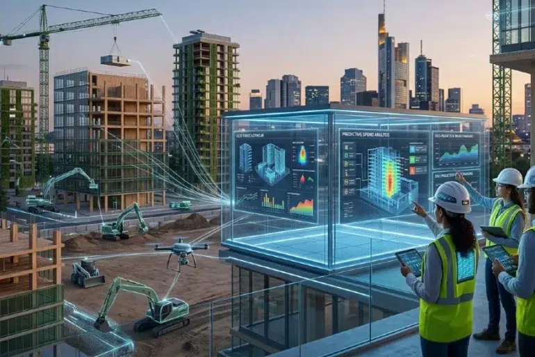 A futuristic construction site with digital screens hovering over the area. Workers in safety gear use tablets to interact with data holograms. Skyscrapers in the background.