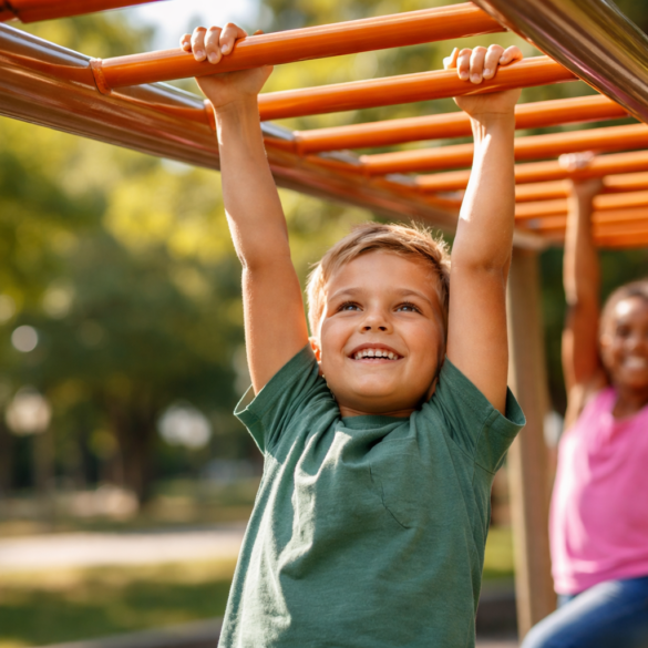 Monkey Bars on a playground with kids building strength and coordination