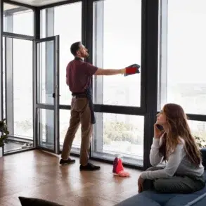 A man cleans large windows with a cloth, bright light streaming in. A woman sits on a couch, resting her chin on her hand, looking thoughtful.