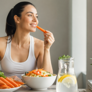 Nutri Carrot daily nutrition concept with fresh carrots, healthy meal ingredients, and natural energy food styling