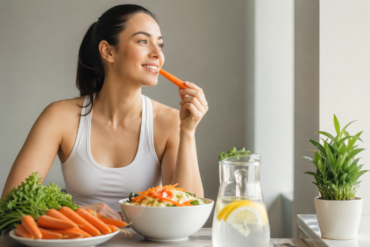 Nutri Carrot daily nutrition concept with fresh carrots, healthy meal ingredients, and natural energy food styling