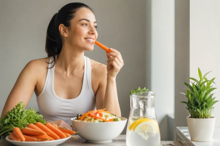 Nutri Carrot daily nutrition concept with fresh carrots, healthy meal ingredients, and natural energy food styling