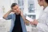 A man looking pained touches his neck while discussing with a female doctor holding a clipboard in a bright medical office.