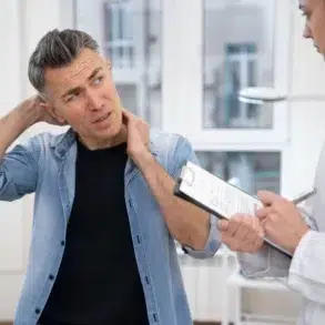 A man looking pained touches his neck while discussing with a female doctor holding a clipboard in a bright medical office.