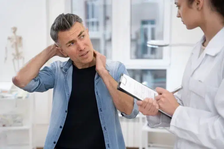 A man looking pained touches his neck while discussing with a female doctor holding a clipboard in a bright medical office.