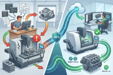 Split image comparing manufacturing processes. Left: Manual, error-prone process causing machine issues. Right: Automated, efficient, and error-free with a digital thread.
