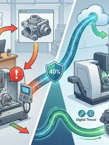 Split image comparing manufacturing processes. Left: Manual, error-prone process causing machine issues. Right: Automated, efficient, and error-free with a digital thread.