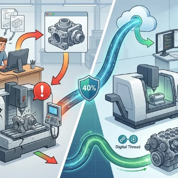 Split image comparing manufacturing processes. Left: Manual, error-prone process causing machine issues. Right: Automated, efficient, and error-free with a digital thread.