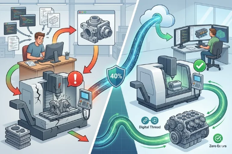 Split image comparing manufacturing processes. Left: Manual, error-prone process causing machine issues. Right: Automated, efficient, and error-free with a digital thread.