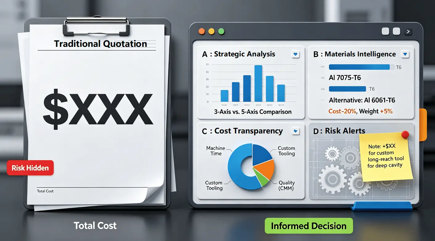 A comparison between traditional and informed decision-making tools. Left features a clipboard labeled 'Traditional Quotation' with hidden risks, symbolized by a large dollar sign and 'Risk Hidden' tag. Right displays a detailed dashboard with sections on strategic analysis, materials intelligence, cost transparency, and risk alerts, emphasizing informed decisions and cost insights.
