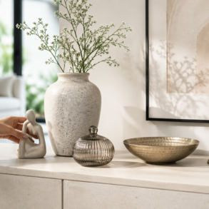 Assorted ornaments styled on shelves and tables in a modern home interior