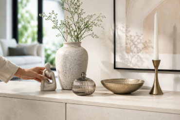Assorted ornaments styled on shelves and tables in a modern home interior