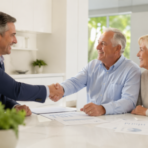 Own a Senior Business owner meeting an older client and family while discussing trusted senior services