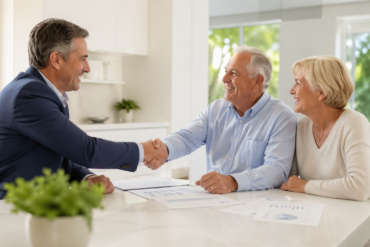 Own a Senior Business owner meeting an older client and family while discussing trusted senior services