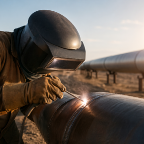 Pancake Welding Hood used by a pipe welder during outdoor welding work