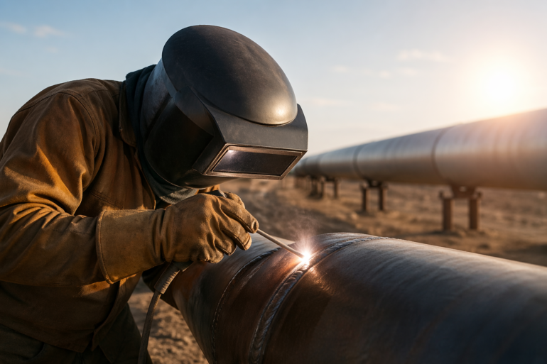 Pancake Welding Hood used by a pipe welder during outdoor welding work