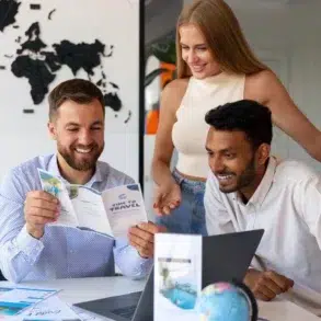 Three people in an office, smiling and looking at travel brochures. A world map is on the wall, and a small globe sits on the table, conveying excitement.