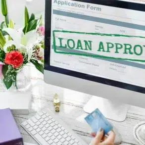 Computer screen showing an application form with "LOAN APPROVED" in bold green letters. Nearby, a person holds a credit card, with flowers on the desk.
