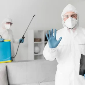 Two people in full protective suits and gloves disinfecting a living room, one holding a clipboard and raising a hand.