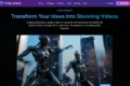 "Pixel Dojo website featuring AI-generated video creation. Robotic figures in a cityscape illustrate the theme of transforming ideas into videos. The page has a dark background with a call to action to create professional videos using advanced AI models. The mood is innovative and tech-focused."