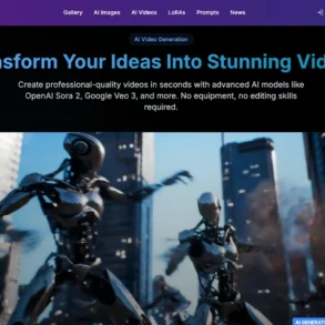"Pixel Dojo website featuring AI-generated video creation. Robotic figures in a cityscape illustrate the theme of transforming ideas into videos. The page has a dark background with a call to action to create professional videos using advanced AI models. The mood is innovative and tech-focused."