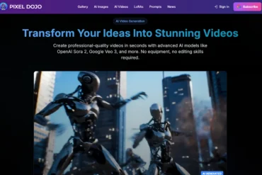 "Pixel Dojo website featuring AI-generated video creation. Robotic figures in a cityscape illustrate the theme of transforming ideas into videos. The page has a dark background with a call to action to create professional videos using advanced AI models. The mood is innovative and tech-focused."