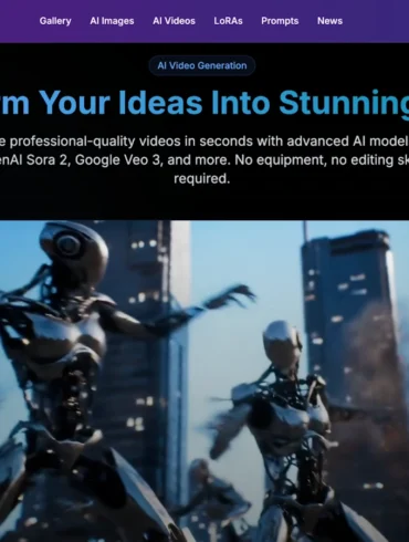 "Pixel Dojo website featuring AI-generated video creation. Robotic figures in a cityscape illustrate the theme of transforming ideas into videos. The page has a dark background with a call to action to create professional videos using advanced AI models. The mood is innovative and tech-focused."
