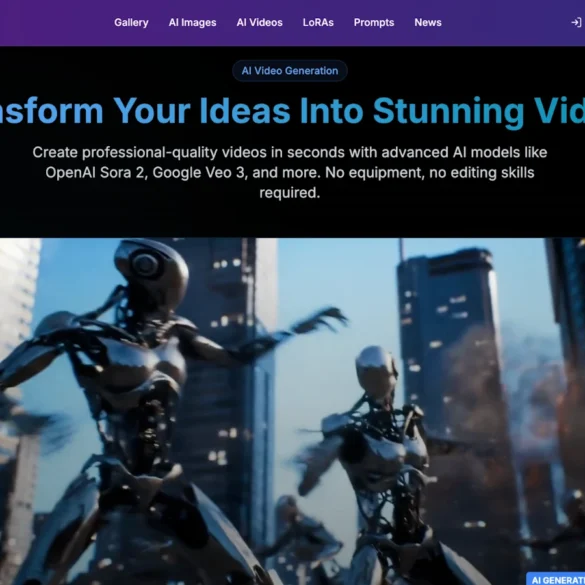 "Pixel Dojo website featuring AI-generated video creation. Robotic figures in a cityscape illustrate the theme of transforming ideas into videos. The page has a dark background with a call to action to create professional videos using advanced AI models. The mood is innovative and tech-focused."