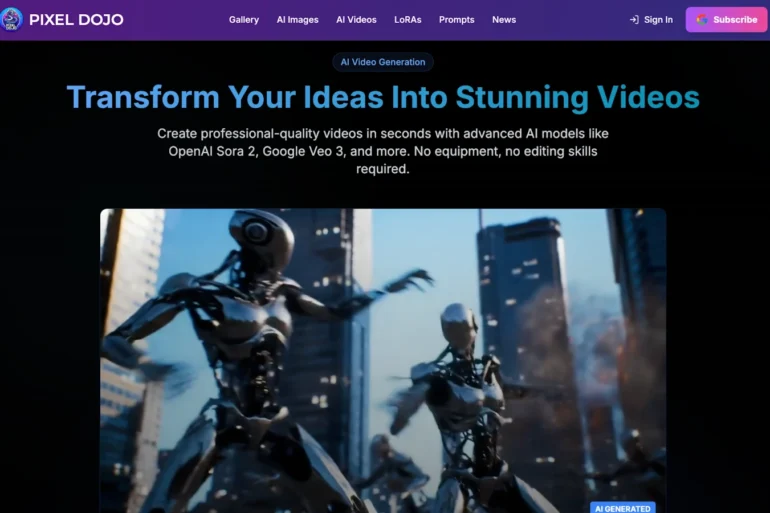 "Pixel Dojo website featuring AI-generated video creation. Robotic figures in a cityscape illustrate the theme of transforming ideas into videos. The page has a dark background with a call to action to create professional videos using advanced AI models. The mood is innovative and tech-focused."